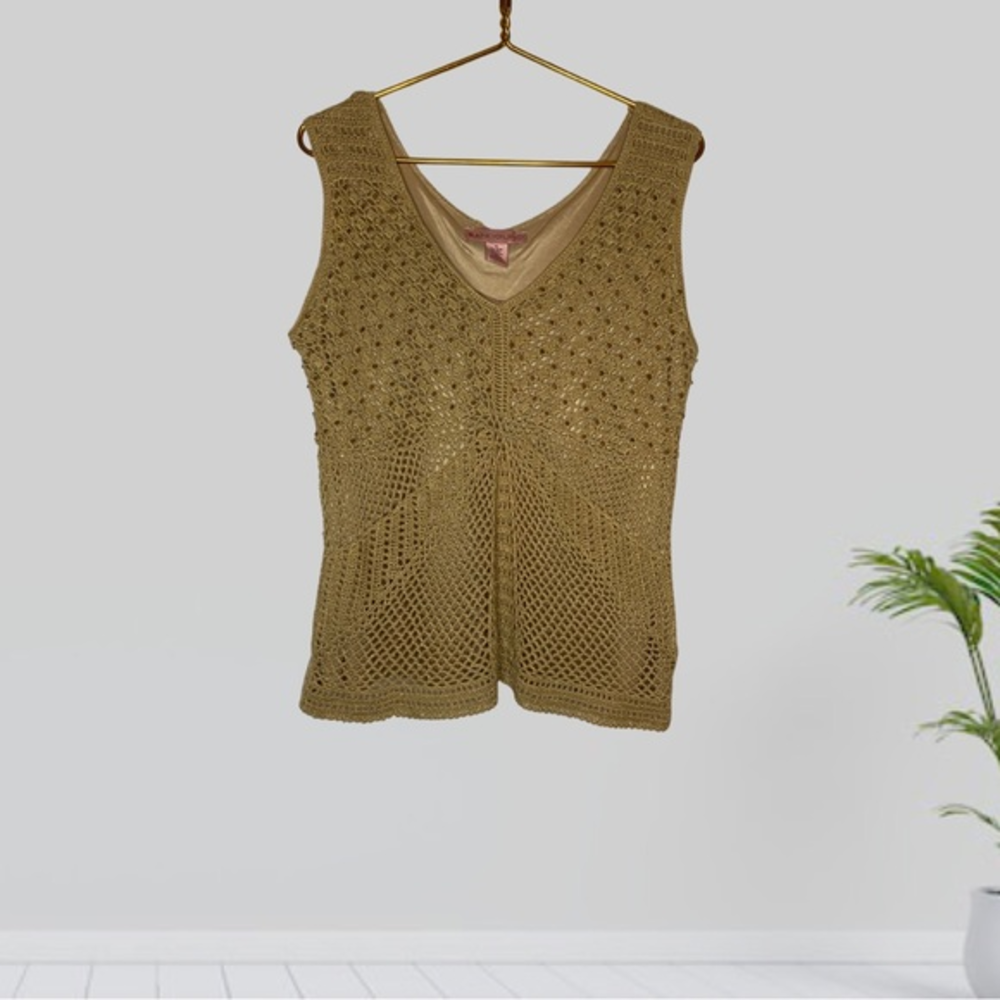 Bandolino Sleeveless Crochet Beaded Tan Blouse Top Size XL